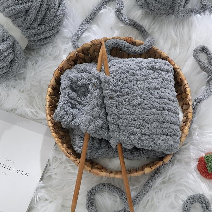 HOMBYS Chunky Chenille Yarn for Hand Knitting - 4 Cream + 4 Light Grey, Fluffy Soft Jumbo for Crocheting, Super Bulky Big for Chunky Blanket, Large Thick Arm Knitting, 8 Pack Plush