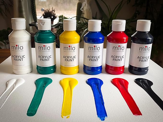 milo Acrylic Paint Set of 6 Colors | 4 oz Bottles | Student Primary Colors Acrylics Painting Pack | Made in the USA | Non-Toxic Art & Craft Paints for Artists & Hobby Painters