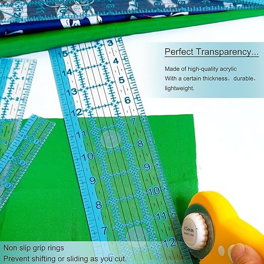 Acrylic Ruler 7 Piece Set, Quilting Rulers, Non Slip Rings 50 Pieces, Size (6"x24"), (2"x24"), (3"x18"), (3"x8"), (1.5"x12"), (1"x12"), (1"x6")