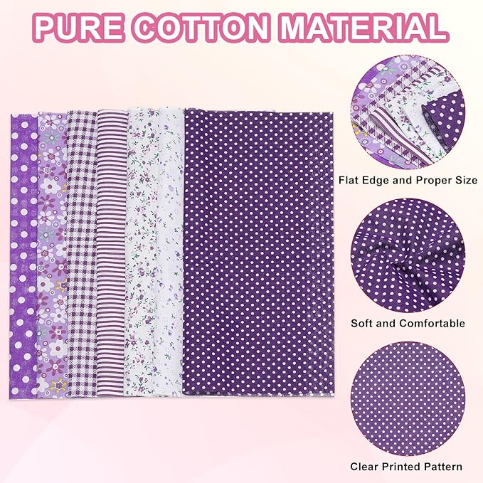 PATIKIL Cotton Fabric Bundles, 7 Pcs 10 x 10 Inch Pure Cotton Fat Quarter Floral Printed Precut Fabric Squares for Sewing Patchwork Quilting DIY Crafts, Purple