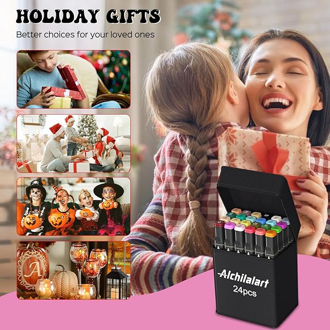 alchilalart 24 Colors Alcohol Based markers, Alcohol Markers Set, Dual Tip Alcohol Sketching Drawing Markers Animation for Adults Kids