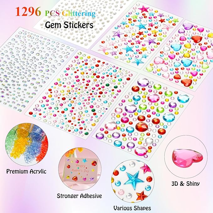 1296 pcs Valentines Gem Stickers Rhinestones for Crafts, Sparkling Cute Star Heart Round Small Stickers for Women Adults, Glitter Jewels Stickers for Face Eye Body Makeup, DIY Decoration WUINOID
