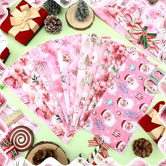 Oudain 60 Pcs 10 x 10 Inch Pink Christmas Quilting Fabric Vintage Christmas Fat Squares Patchwork Precut Strips Santa Flamingo Snowman Fabric Bundles for Xmas DIY Craft Sewing