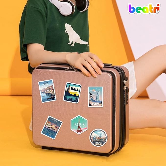 BEATRI World Travel Stickers 50Pcs Waterproof Vinyl Travel Map Stickers for Suitcase, Bicycle, Laptop, Water Bottle, Journaling & Travel Gear | Non-Repeating Decals, High-Definition Print
