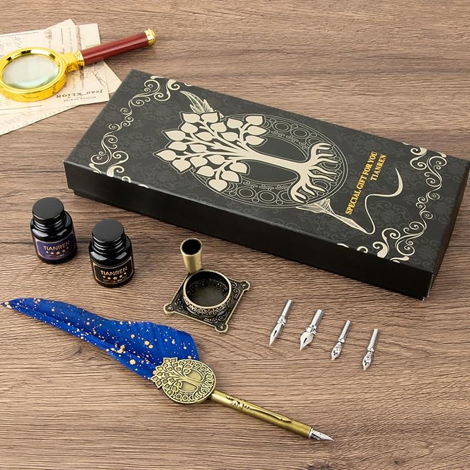 Feather Pen and Ink Set,quill pen ink set,Antique Calligraphy Pen with 4 Replaceable Nibs,2 Bottle of ink,Pen Holder Christmas Gift for Men&Women.(Blue)