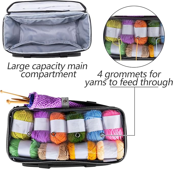 Yarwo Knitting Yarn Bag, Crochet Tote with Pocket for WIP projects, Knitting Needles(Up to 14”) and Skeins of Yarn, Gray with Grid (Bag Only)