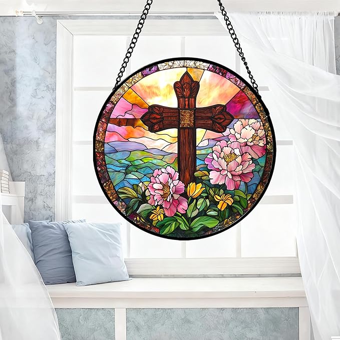 Christian Gifts for Women - Cross Stained Glass Window Hanging Jesus Easter Pink Flower Peony Sun Catcher Garden Religion Decor Mother's Day Catholic Gift for Men Grandma Mom Her Nana 9.8"