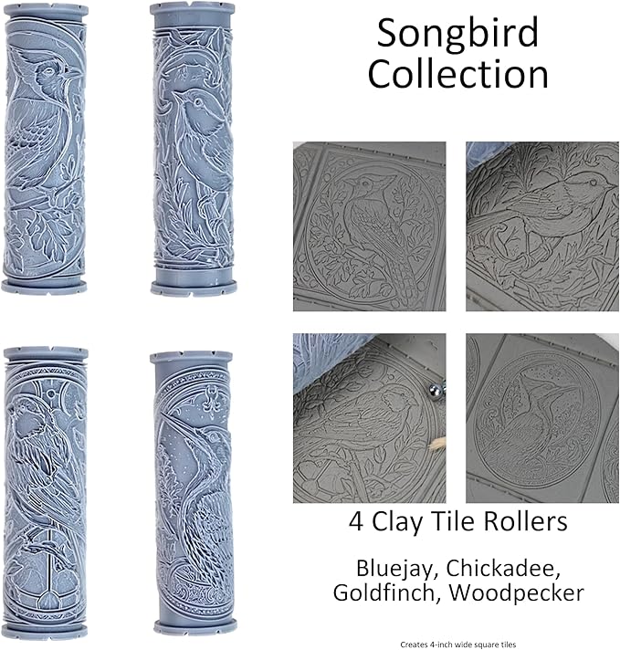 Songbird Collection 4-Pack Clay Texture Rollers (4") - Bird Set #02 - Embossing Pattern Rollers for Polymer & Ceramic Clay, Pottery & Crafts