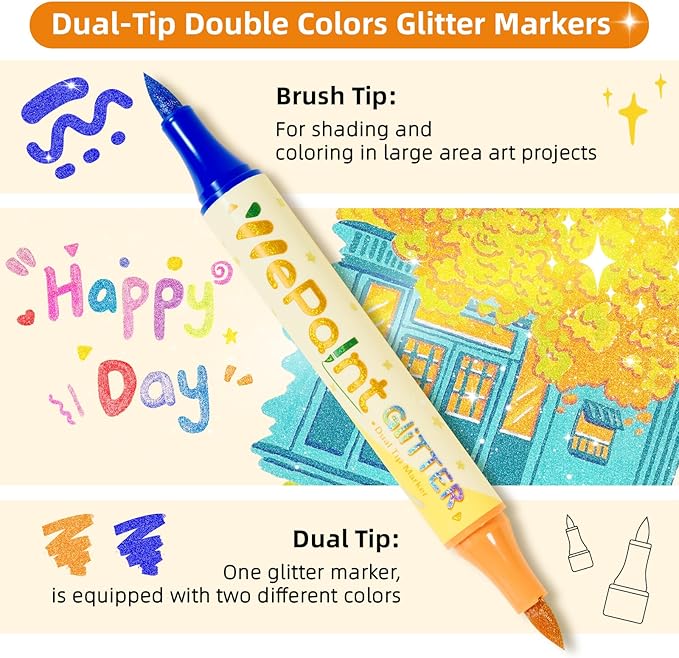 WePaint Glitter Markers Dual Tip, 24 Shimmer Markers 48 Glitter Colors Metallic Marker with Brush Tips, Water-based Ink for Kids Adults DIY Crafts, Card Making, Scrapbooking, School Supplies for Kids