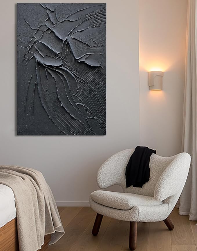 NANKAI Art Hand Painted Pure Black Wall Decoration Art Modern Minimalist Oil Painting 36x24 inch Vertical Thick Texture Wall Art Home Office Corridor Wall Art Decoration