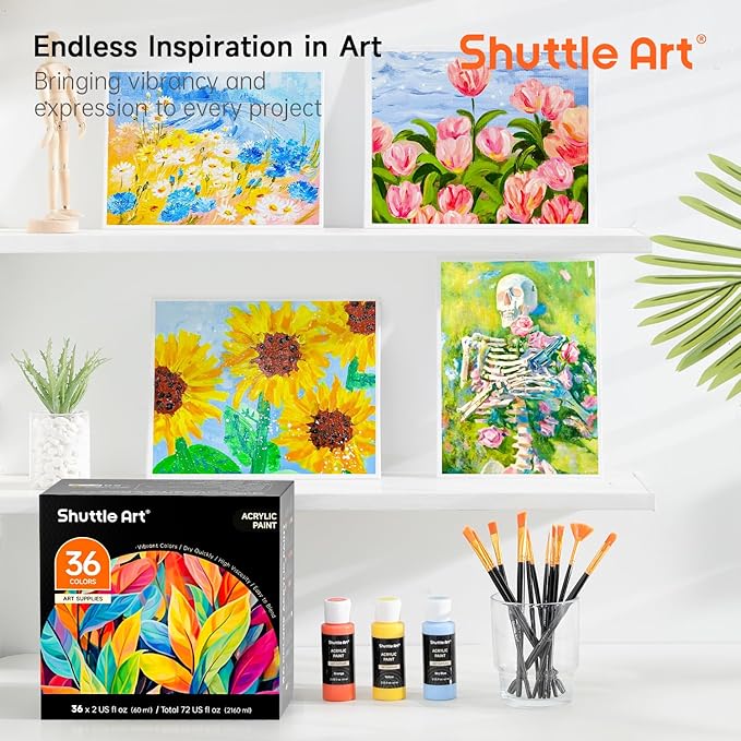 Shuttle Art Acrylic Paint Set, 36 Colors Acrylic Paint with Brushes & Palette, 2oz/60ml Bottles, Rich Pigments Non-toxic for Artists Kids & Adults, Painting on Canvas Rocks Ceramic Wood