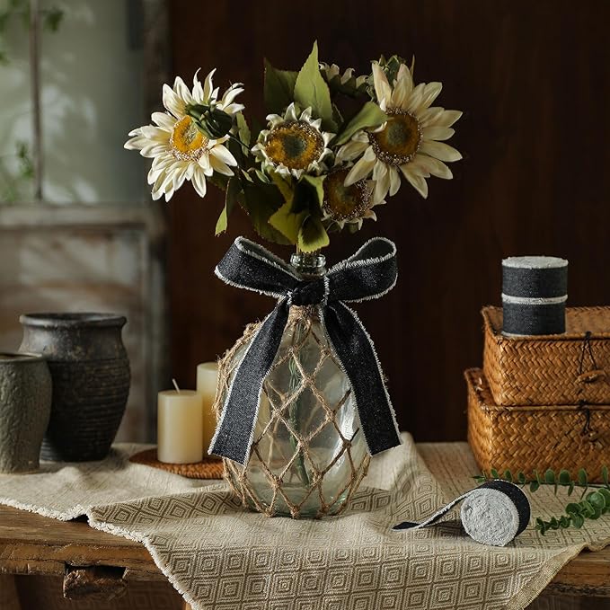 Pretty Jolly Black Denim Ribbon for Crafts Handmade Rustic Frayed Cotton Jean Fabric Ribbon for Flower Bouquet 15 Yards 1 1/2 Inch Cloth Ribbons for Gift Wrapping Hair Sewing Accessories Holiday Decor