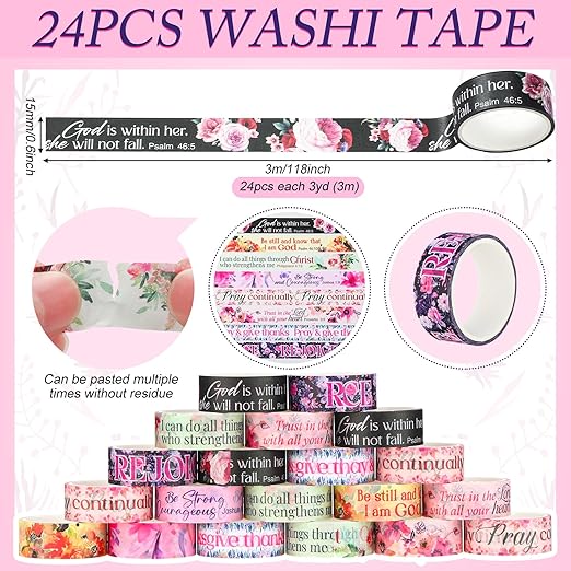 Janlaugh 24 Rolls Christian Washi Tape Gifts Bulk Religious Inspirational Scripture Supplies Bible Verse Washi Tape for Bible Journaling Study Crafting New Year DIY Gifts