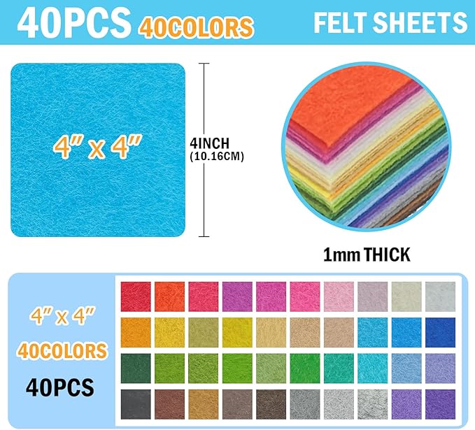 40PCS Felt Fabric Sheets Craft - 4"x 4" Assorted Colors - 1mm Thick Square Nonwoven Felt Fabric for Crafts DIY
