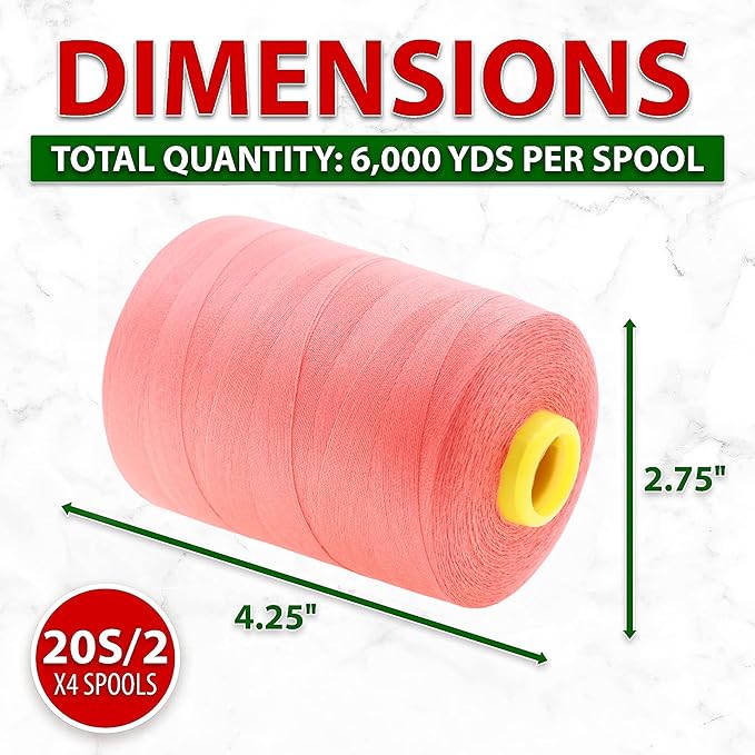 Mandala Crafts 4 Pack of Serger Threads Cones Spools - 20S/2 24000 Yards Polyester Coral Threads for Sergers Machine and Overlock Quilting Sewing Machine