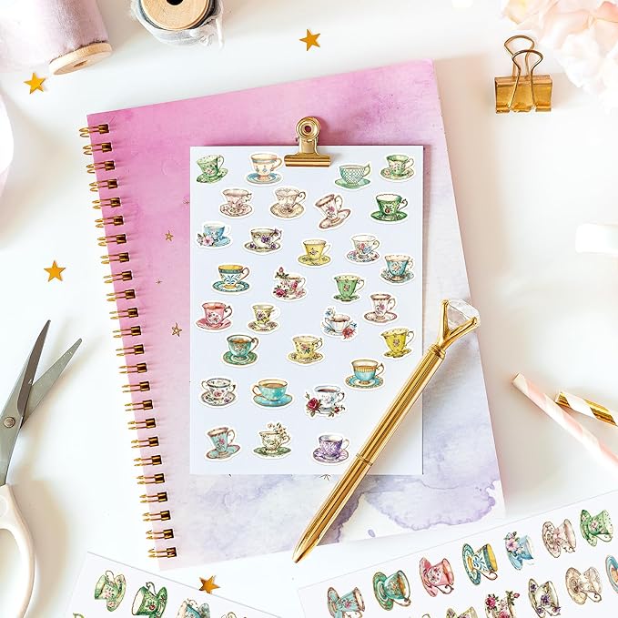 Humyoun 300 Pcs Tea Cup Stickers Rustic Mini Teacup Stickers Tea Time Party Favors Aesthetic Waterproof Vinyl Decals Pack for Water Bottles Scrapbooking Laptop Luggage Phone Skateboard