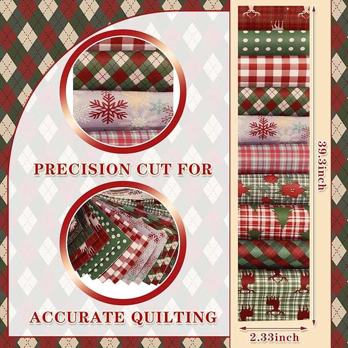Fanfanwin 40 Pcs Woodland Plaid Christmas Quilting Fabric Roll 2.56 Inch Precut Fabric Squares Jelly Patchwork Snowflake Reindeer Poinsettia Strips Materials for Winter Xmas Craft Sewing Panels DIY