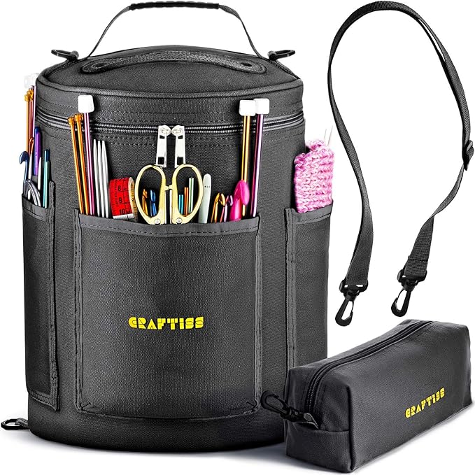 CRAFTISS Knitting Bag Yarn Storage - Christmas Gift - Durable Canvas Yarn Holder for Crochet Accessories - Organizer Crochet Bag with Knitting Accessories Case (Black)