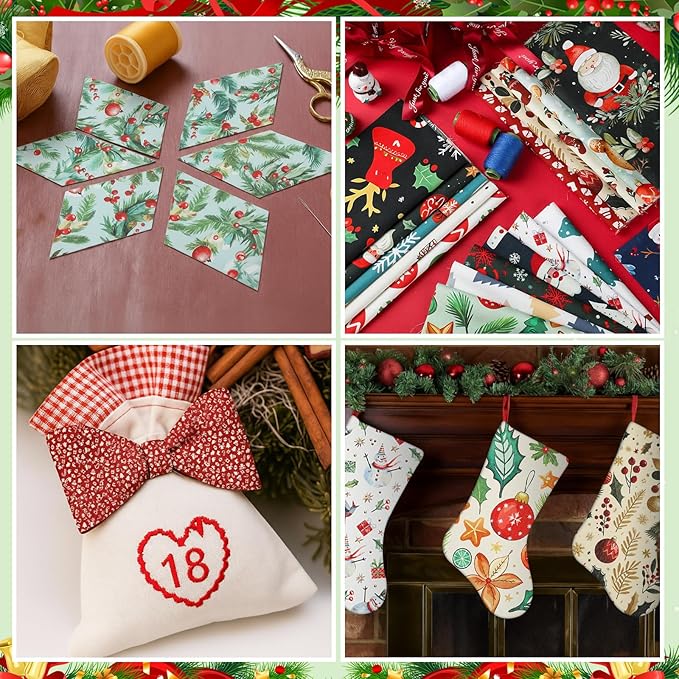Tatuo 30 Pcs 10 x 10 Inches Christmas Cotton Fabric Bundle Squares Patchwork Floral Fabric Sewing Quilting Bundles Assorted Pattern Cloth for DIY Scrapbook Craft Making