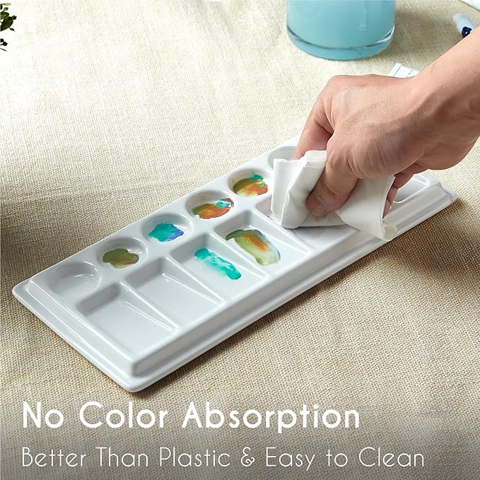 Rectangular Ceramic Paint Palette with Lid, 14-Well Porcelain Watercolor Mixing Tray for Acrylic, Oil & Gouache, Large Artist Watercolor Palette with Plastic Cover
