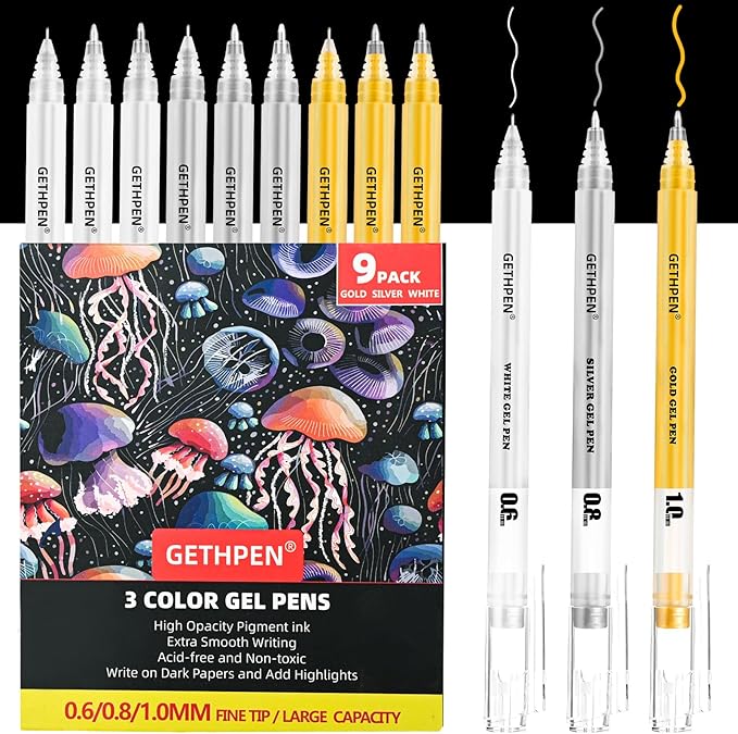 Gold Silver White Gel Pens - 0.6/0.8/1.0mm Extra Fine Point Opaque Archival Ink Pen Set for Black Paper Art, Holiday Gifts & Bullet Journaling - 9 Pack Gel Pens for Artists, Card Making Sketching