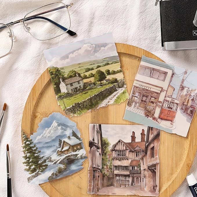 40 PCS Vintage Street Pastoral Christmas Snow House Scenery PET Stickers, 4 Pack Aesthetic Decorative Large Size Stickers for Scrapbooking, Journaling, Waterproof DIY Crafts and Junk Journal