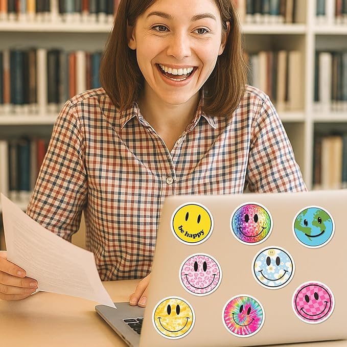 BEATRI Smiley Face Stickers - 50pcs | Waterproof Vinyl Stickers Teaching Rewards, Laptop, Notebooks, Stationery, Luggage | Non-Repeating Decals, High-Definition Print