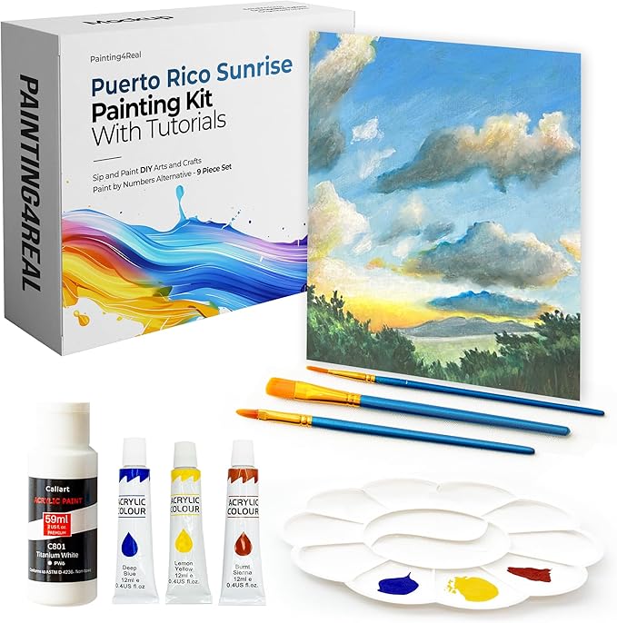 Painting4Real DIY Art Painting Kit for Adults – Learn to Paint Puerto Rico Sunrise with Video Tutorials – 9 Pieces Acrylic Paint Set for Adults – Christmas Crafts & Holiday Gifts for Art Lovers