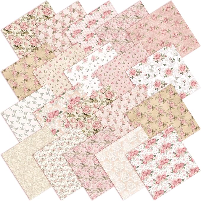 20 Pcs 10''x10'' Vintage Rose Quilting Fabric Square Bundle Retro Floral Precuts Quiltted Fabric Pink and White Printed Patchwork Material Supplies for Holiday Patchwork DIY Sewing Crafts