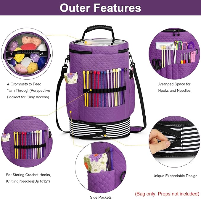 IBFUN Crochet Yarn Knitting Bag 3PCS - Expandable Yarn Storage Organizer Crocheting Bag with Accessories Cases Adjustable Strap for Hooks, Needles, Accessories, Crochet Lovers, Supplies, Beginners