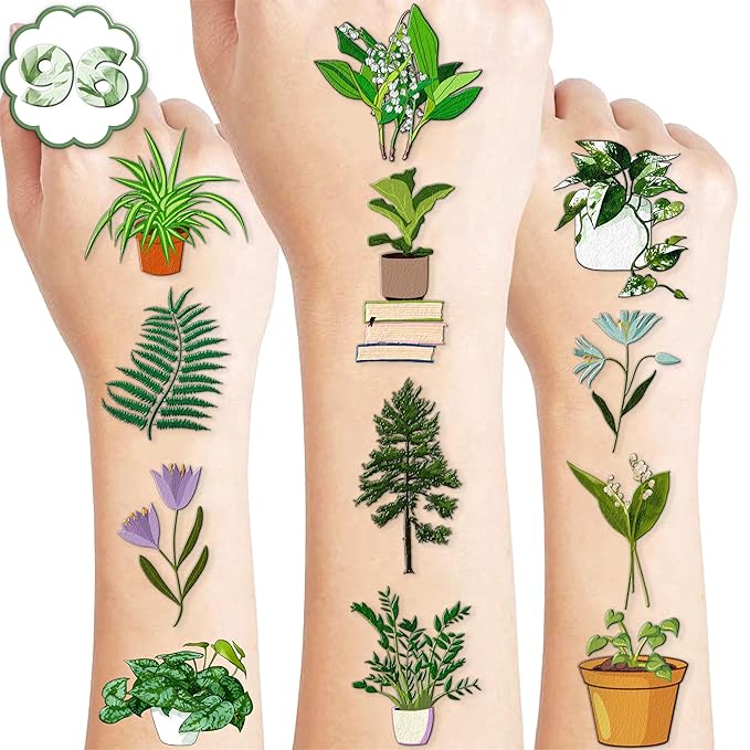 96 PCS Plants Save The Earth Day Pre-Cut Temporary Tattoos Themed Birthday Party Decorations Favors Supplies Décor Environment Tree Flowers Tattoo Stickers Gifts For Game Boys Girls Classroom School