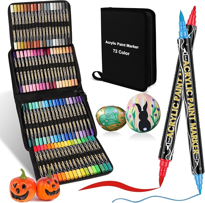 72 Colors Acrylic Paint Markers,Dual Tip Acrylic Paint Pens,Includes 12 Metallic Brush Tip Fine Tip Markers For Rock Painting,Plastic,Canvas And Diy Crafts Art Supplies