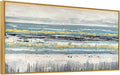 Large 100% Handmade Abstract Oil Painting with Frame Modern Original Hand Painted Blue Ocean Wall Art Modern White Gold Pictures Minimalist Artwork for Living Room Bedroom Office Dining Room 48x24in