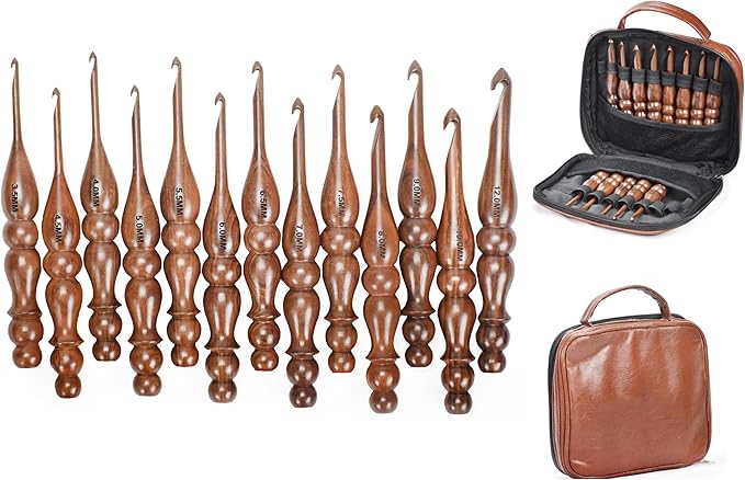 Wooden Crochet Hooks Set of 13 for Arthritic Hands | Ergonomic Soft Grip Handcrafted Knitting Needle for Crocheting and Knitting (Brown (Crochet - 1))