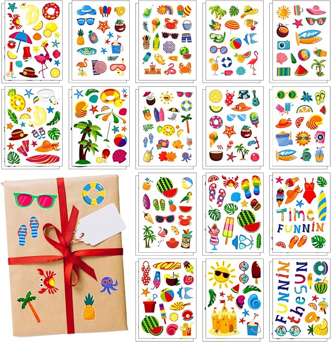 Partywind 32 Sheets Hawaiian Stickers for Party Decorations, Cute & Waterproof Stickers for Bottle/Scrapbook/Laptop & Beach Pool Party Supplies