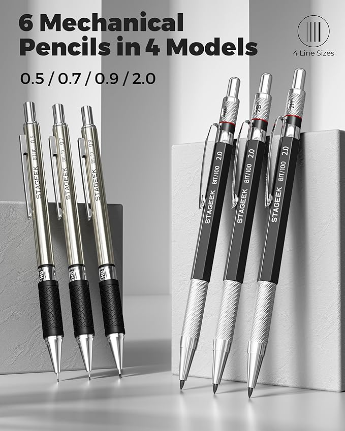 Mechanical Pencil Set with Leather Bag 30 Count, Drawing Pencils 0.5, 0.7, 0.9MM & 3PCS 2MM Sketching Pencils with 464PCS Lead Refills (6B 4B 2B HB 2H 4H Color) for Artist Drafting Drawing