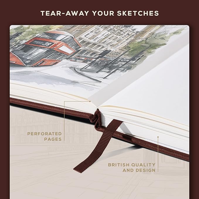 Beechmore Books A5 Sketchbook – 5.8x8.3 Premium Vegan Leather Bound Large Sketch Book Hardcover with 156 Thick 160gsm Perforated Ivory Pages, Blank Sketch Pad, Gift Boxed Back Pocket, Ribbon Bookmark
