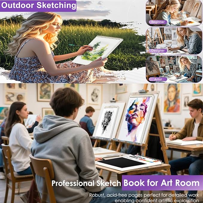 Soucolor 9" x 12" Sketch Book, 100 Sheets Top Spiral Bound Sketchbook with Acid-Free 68lb/100gsm Drawing Paper, Artist Sketch Pad for Kids, Adults & Teens Painting, Drawing, 1 Pack