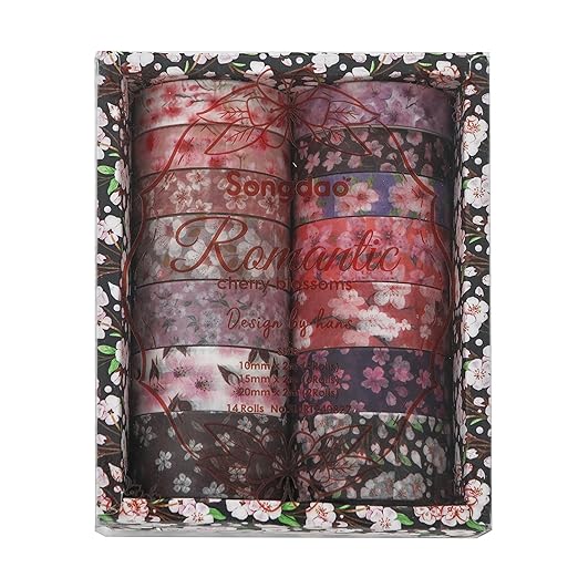 14 Rolls Sakura Washi Tape Set Flowers Arts Adhesive Tapes Cherry Blossom Decorative Masking Tape Sets for Craft, Kids, Scrapbook, DIY, Gift Wrapping (Twilight Sakura)