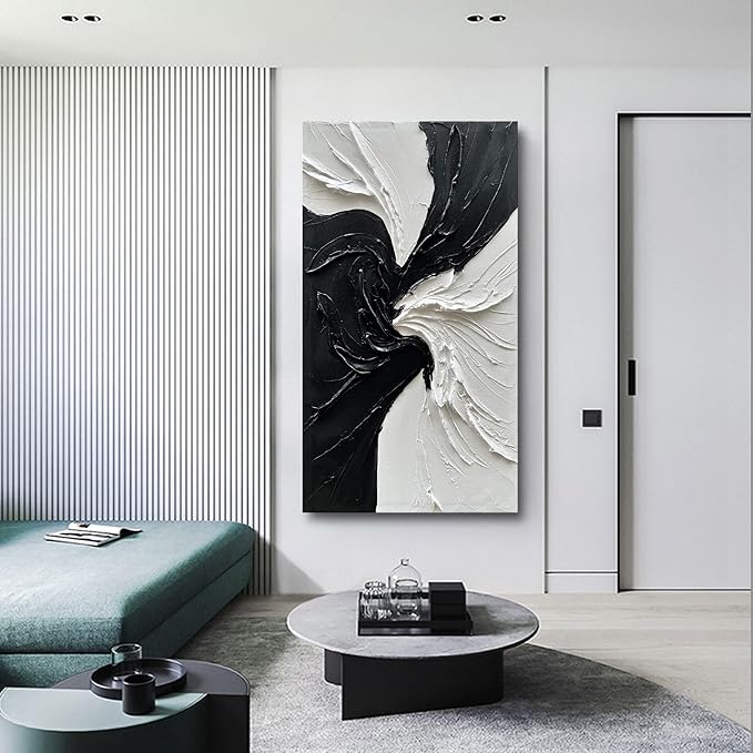 Art Hand-Painted White and Black Texture Abstract Art Oil Painting Modern Minimalist Art Painter Living Office Corridor Wall Art Deco 48x24 inches