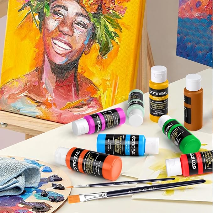 GOTIDEAL Acrylic Paint Set with Paint Brushes, 24 Colors(59ml, 2 oz) Art Craft Paint for Adults and Kids, Perfect for Artist, Beginner, Ideal for Wood, Canvas, Rocks, Outdoor Painting Supplies