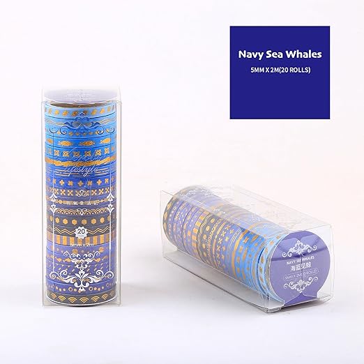 YUBX Skinny Gold Washi Tape Set Basic Foil Print Decorative Masking Tapes for Arts, DIY Crafts, Journals, Planners, Scrapbook, Wrapping (Navy Whales)