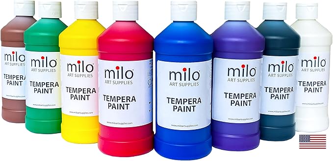 milo Washable Paint for Kids | 8 Colors 16 oz Bottles | Made in the USA | Safe and Non-Toxic Tempera Paint for Arts & Crafts, Poster, Windows for Toddlers, Children, Classroom, School, Project
