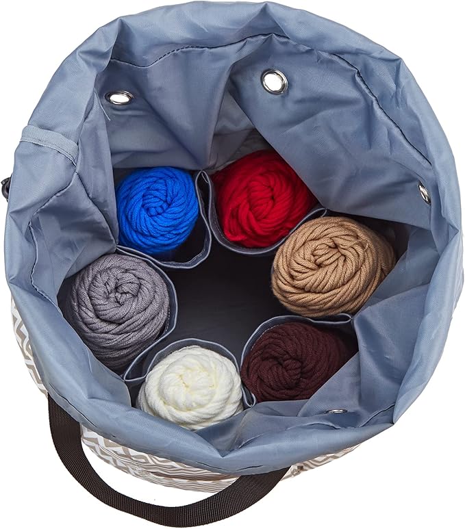 HOMEST Large Crochet Bag with Customized Front Compartment for Knitting Accessories, Yarn Storage with 6 Oversized Grommets, Tote Organizer with Drawstring Closure, Ripple