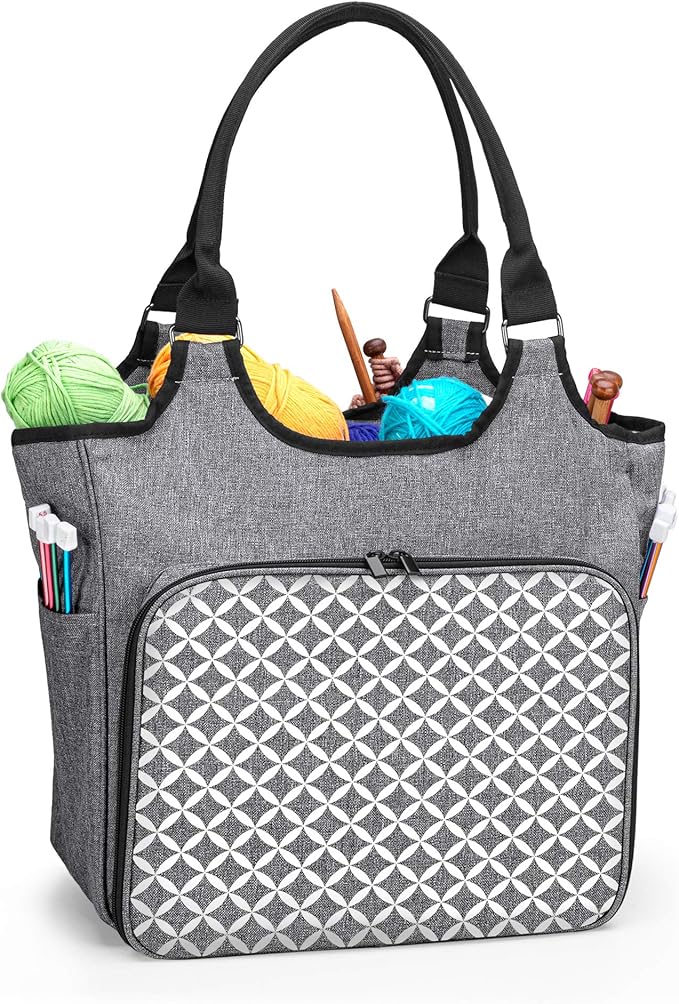 YARWO Knitting Tote Bag, Yarn Storage Organizer for Yarn Skeins, Knitting Needles, Crochet Hooks and Knitting Projects, Christmas & New Beginnings Gifts for Women, Gray with Grid (Patent Pending)