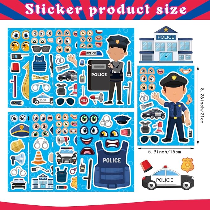 24 Sheets Make Your Own Policeman Stickers, Make-a-face Stickers, Educational Theme Gift for Kids, Birthday Party School Classroom Teacher Reward