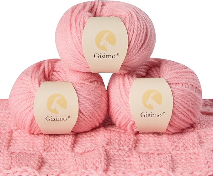 100% Merino Wool Yarn, 3-Ply Luxurious and Soft Yarn for Hand Knitting & Crocheting (Pink,3Balls)