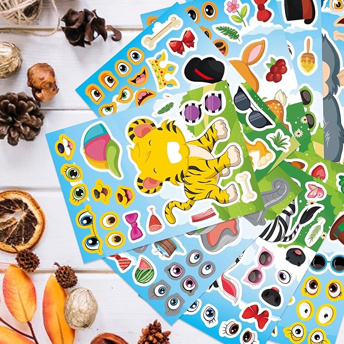 DUJAA Animal Stickers, 24 Sheets, Make-a-Face, Mix & Match, Kids 2-8, Party Favors, Crafts, Goodie Bags