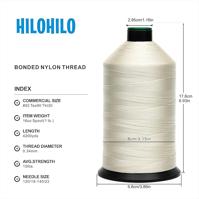 Extra Strong Bonded Nylon Thread #92 Tex90 – 16 OZ, 4200yds, Versatile Stitching Solution for Leather, Upholstery, Canvas Repair and More (Beige)
