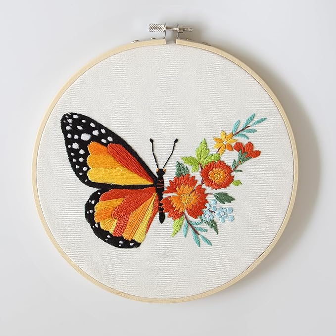 Bonroy 4 Sets Embroidery Set for Beginners, Art Craft, Easy Sewing, Includes Embroidery Clothing, Pattern, Embroidery Hoop, Instruction Manual, Colorful Thread Needles Set (Butterfly)